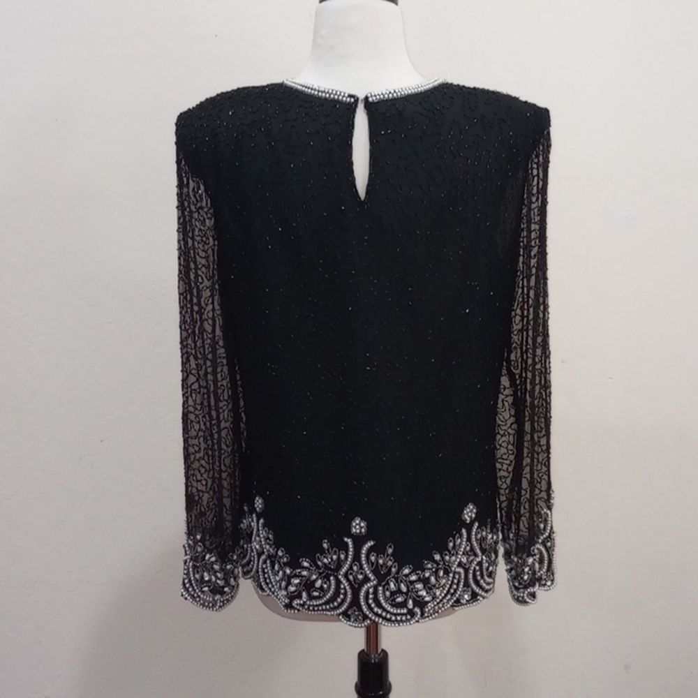 Vintage Lawrence Kazar Paris/New York Black Beaded Pearl Silk Blouse, Size 10 - Picture 9 of 11